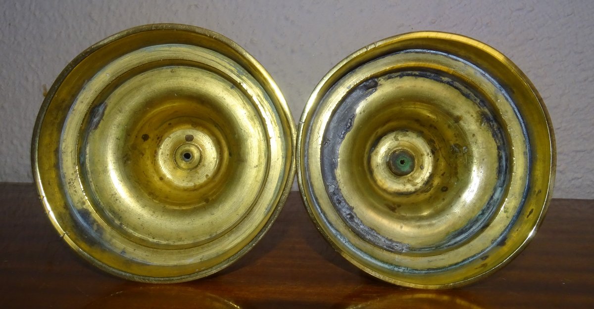 Ancienne Paire De Bougeoirs à Poussoir en Laiton XIXème-photo-3
