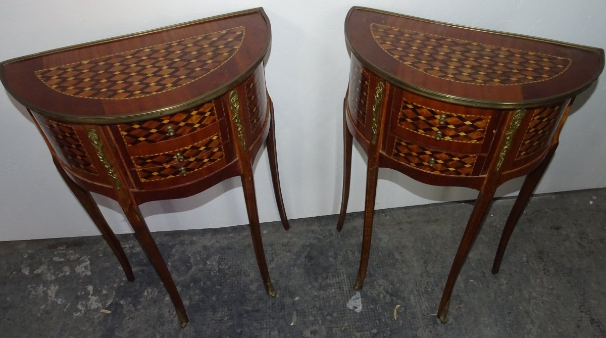 Pair Of Louis XV Half-moon Bedside Tables In Marquetry, Mid-20th Century-photo-2