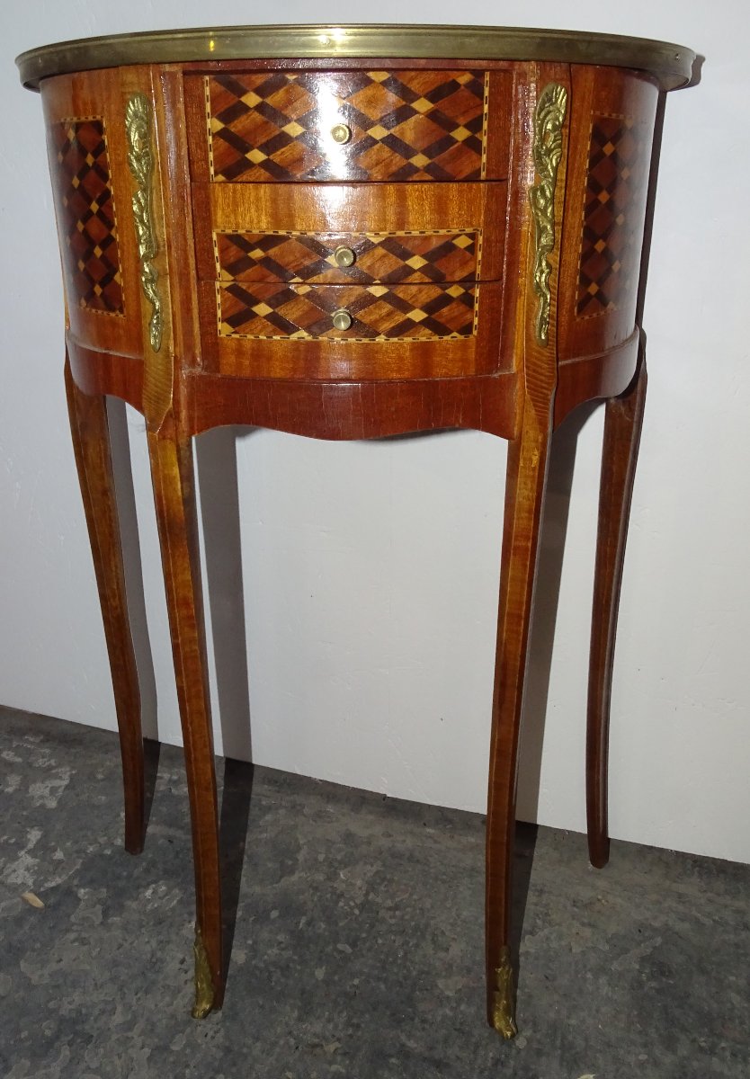 Pair Of Louis XV Half-moon Bedside Tables In Marquetry, Mid-20th Century-photo-3