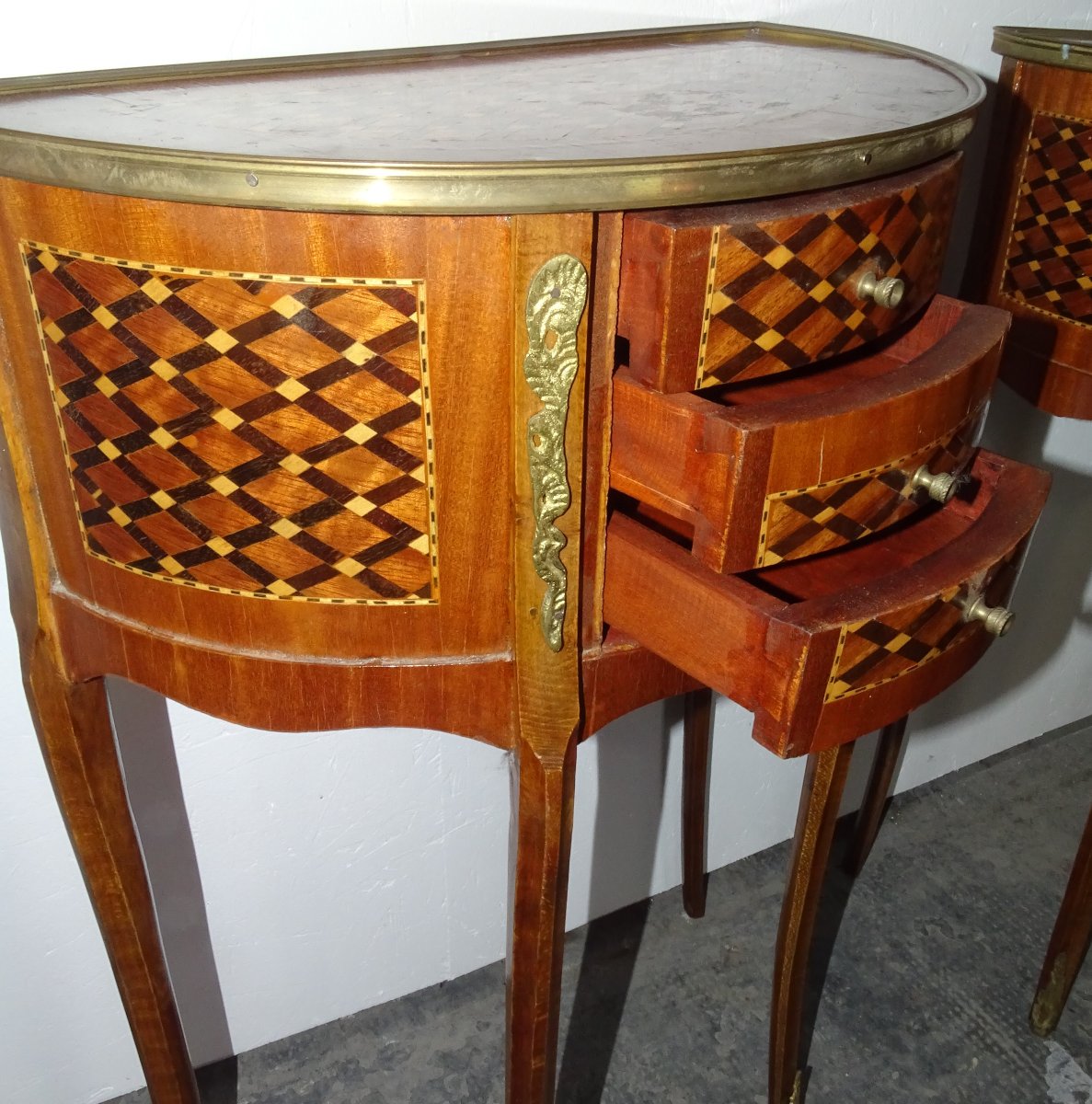 Pair Of Louis XV Half-moon Bedside Tables In Marquetry, Mid-20th Century-photo-4