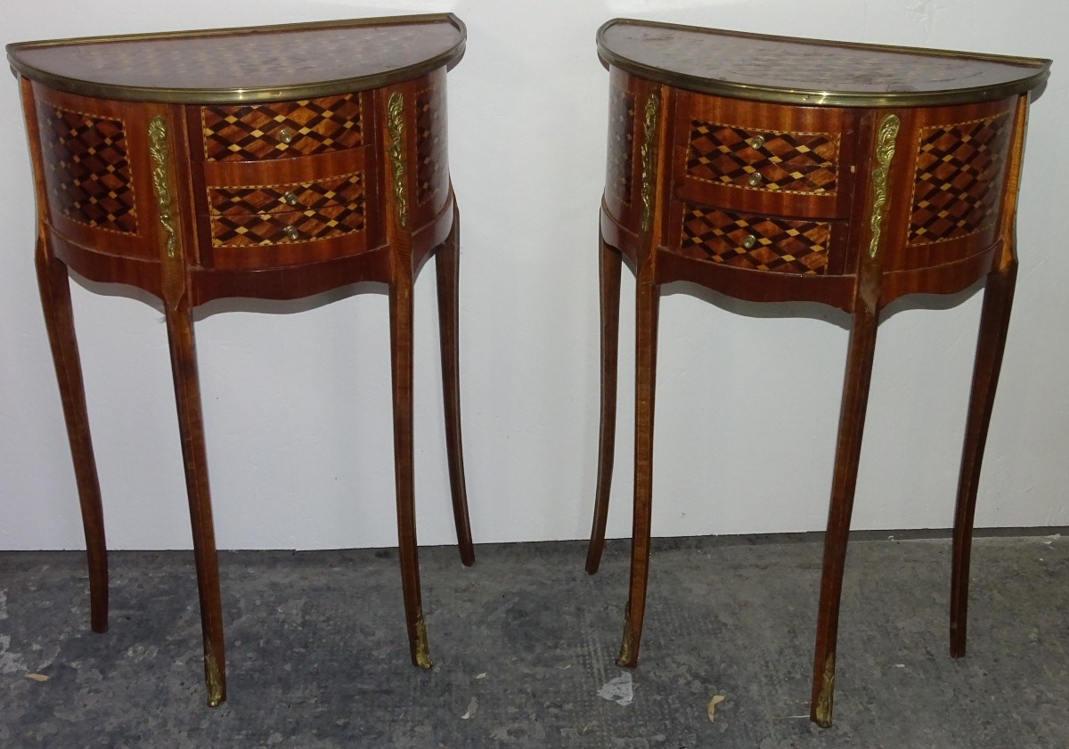 Pair Of Louis XV Half-moon Bedside Tables In Marquetry, Mid-20th Century