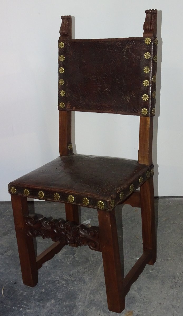 paire de chaises louis XIII renaissance d'époque XVIIème, cuir et clous bronze-photo-3