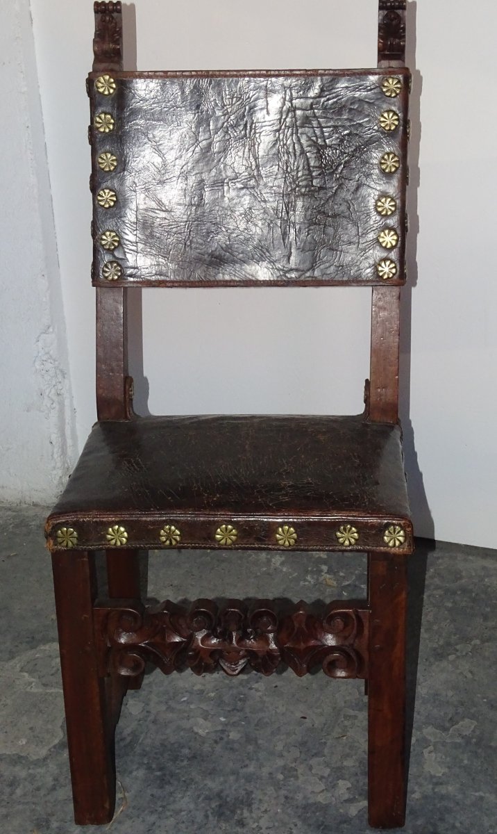 paire de chaises louis XIII renaissance d'époque XVIIème, cuir et clous bronze-photo-4