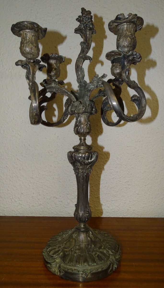 Pair Of Candelabras, 5-light Candelabra In Silver-plated Metal, 19th Century-photo-2