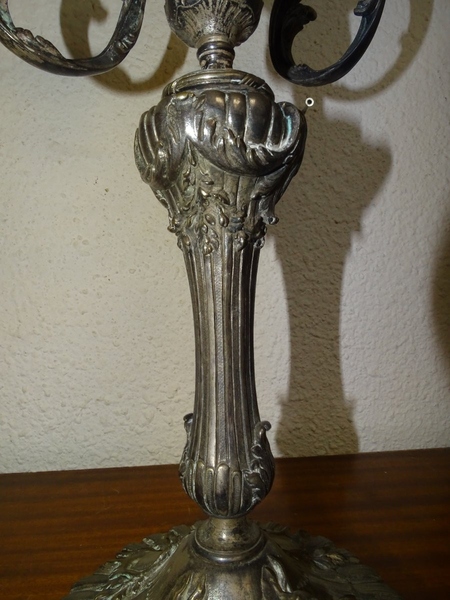 Pair Of Candelabras, 5-light Candelabra In Silver-plated Metal, 19th Century-photo-4