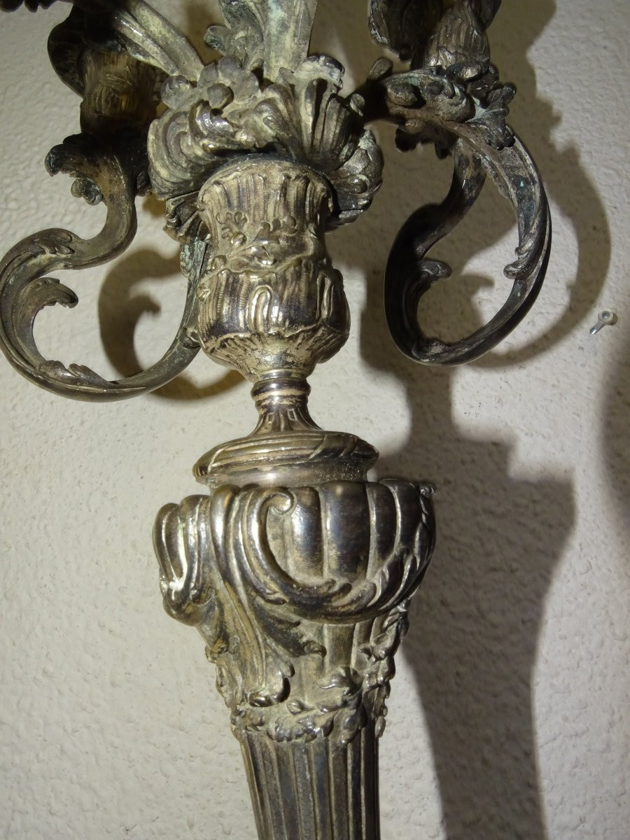 Pair Of Candelabras, 5-light Candelabra In Silver-plated Metal, 19th Century-photo-2