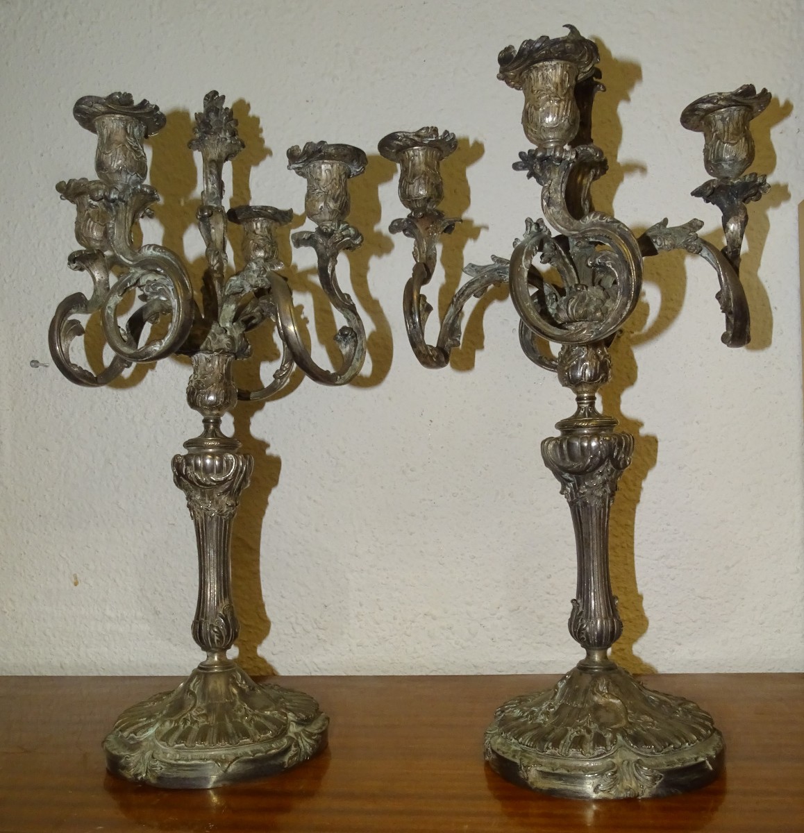 Pair Of Candelabras, 5-light Candelabra In Silver-plated Metal, 19th Century