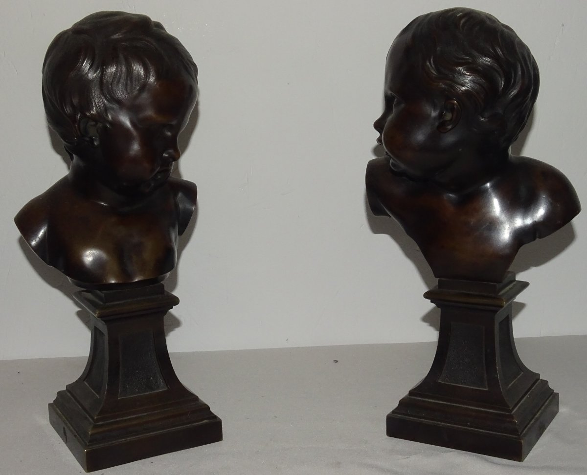 François Flamand DEUX BUSTES D'AMOUR SUR SOCLES bronze, patine brune -photo-2