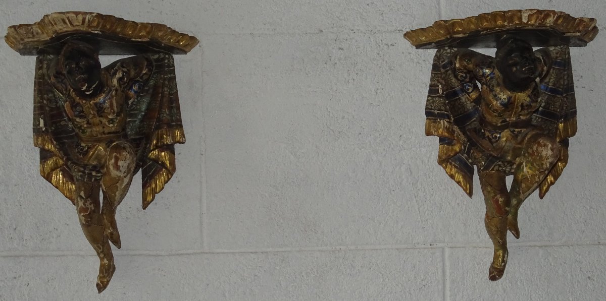 Pair Of Wall Brackets With Polychrome And Gilded Decoration, Venetian Work Of The 19th Century-photo-2