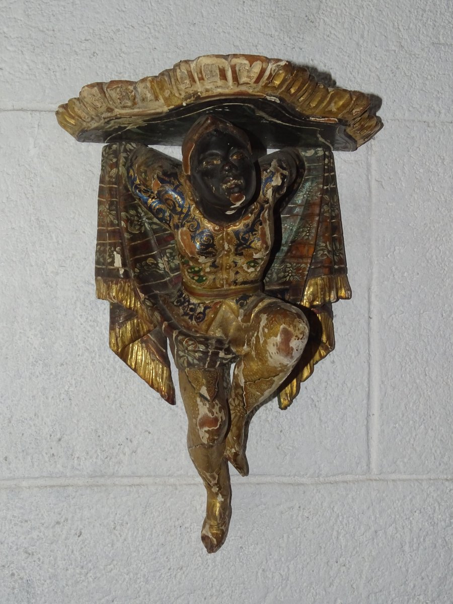 Pair Of Wall Brackets With Polychrome And Gilded Decoration, Venetian Work Of The 19th Century-photo-3