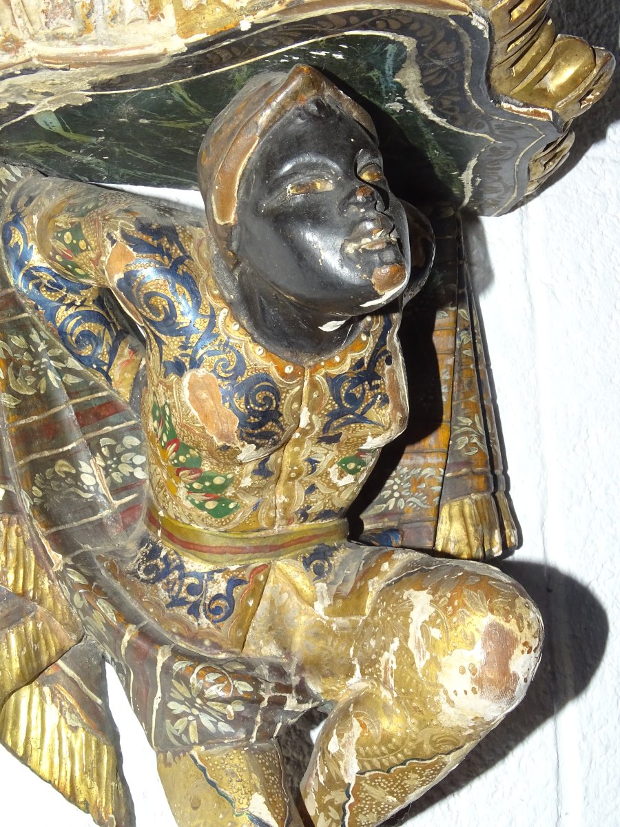 Pair Of Wall Brackets With Polychrome And Gilded Decoration, Venetian Work Of The 19th Century-photo-3