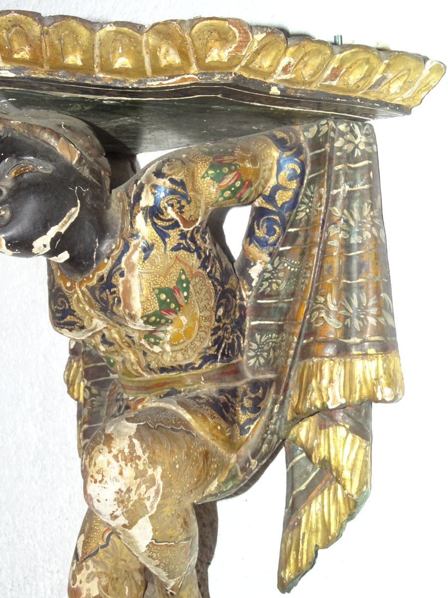 Pair Of Wall Brackets With Polychrome And Gilded Decoration, Venetian Work Of The 19th Century-photo-5