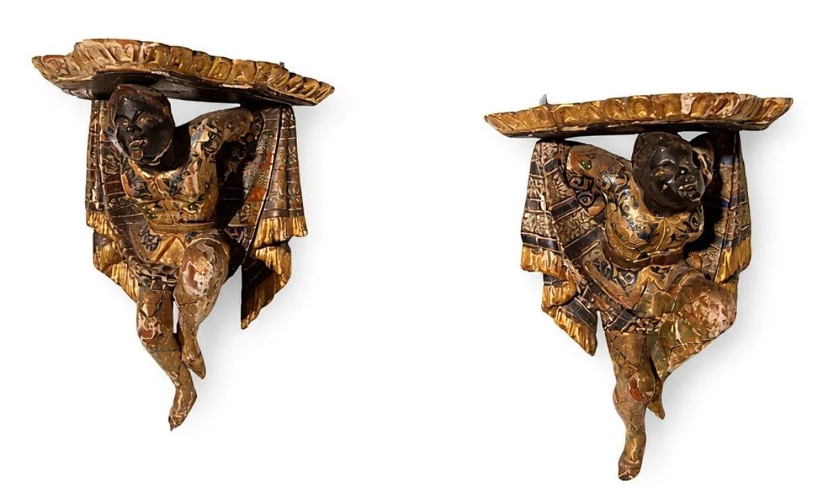 Pair Of Wall Brackets With Polychrome And Gilded Decoration, Venetian Work Of The 19th Century