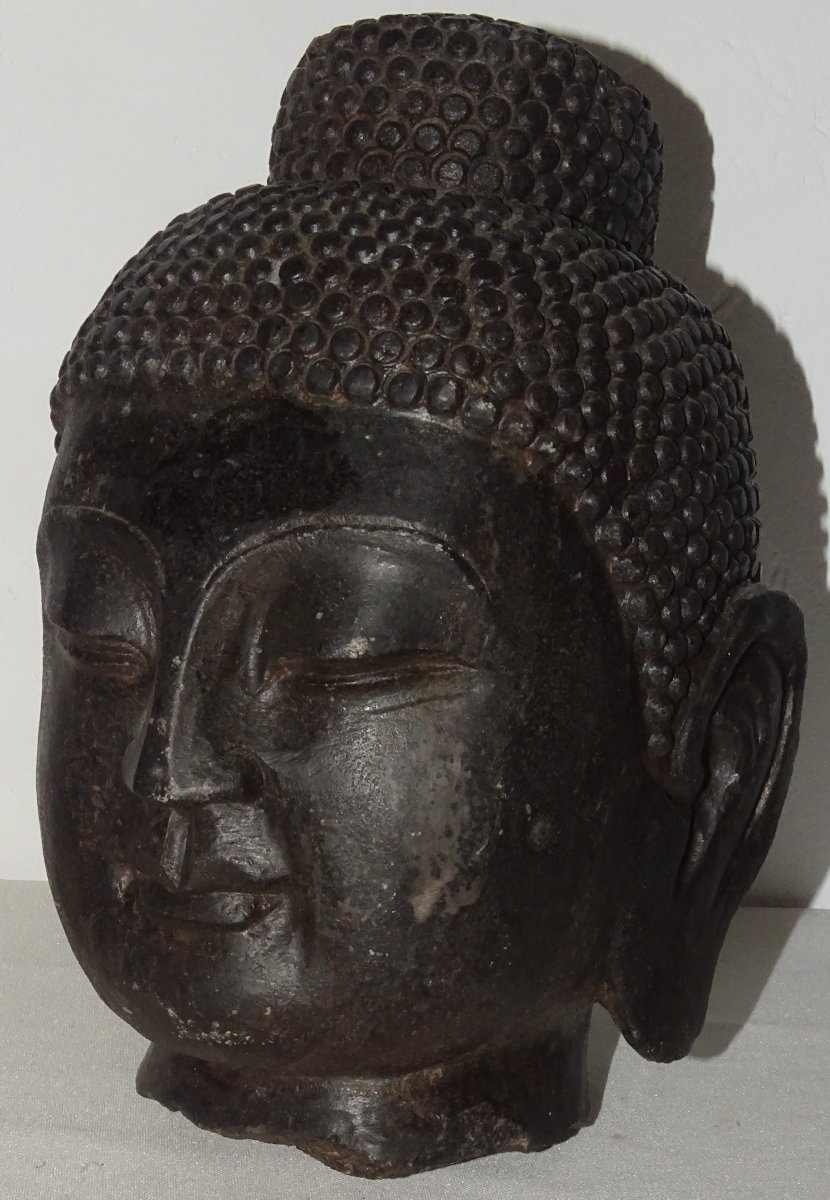 Large Stone Buddha Head Early 19th Century China, 24 Cm-photo-2
