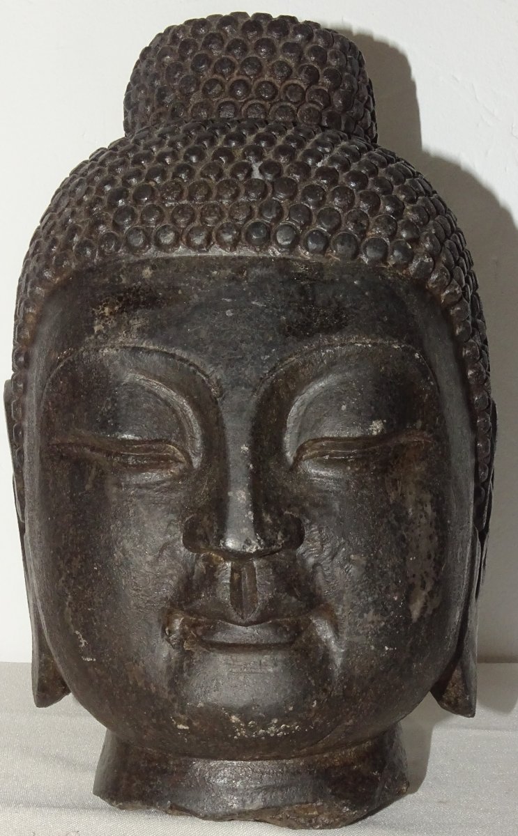 Large Stone Buddha Head Early 19th Century China, 24 Cm-photo-3