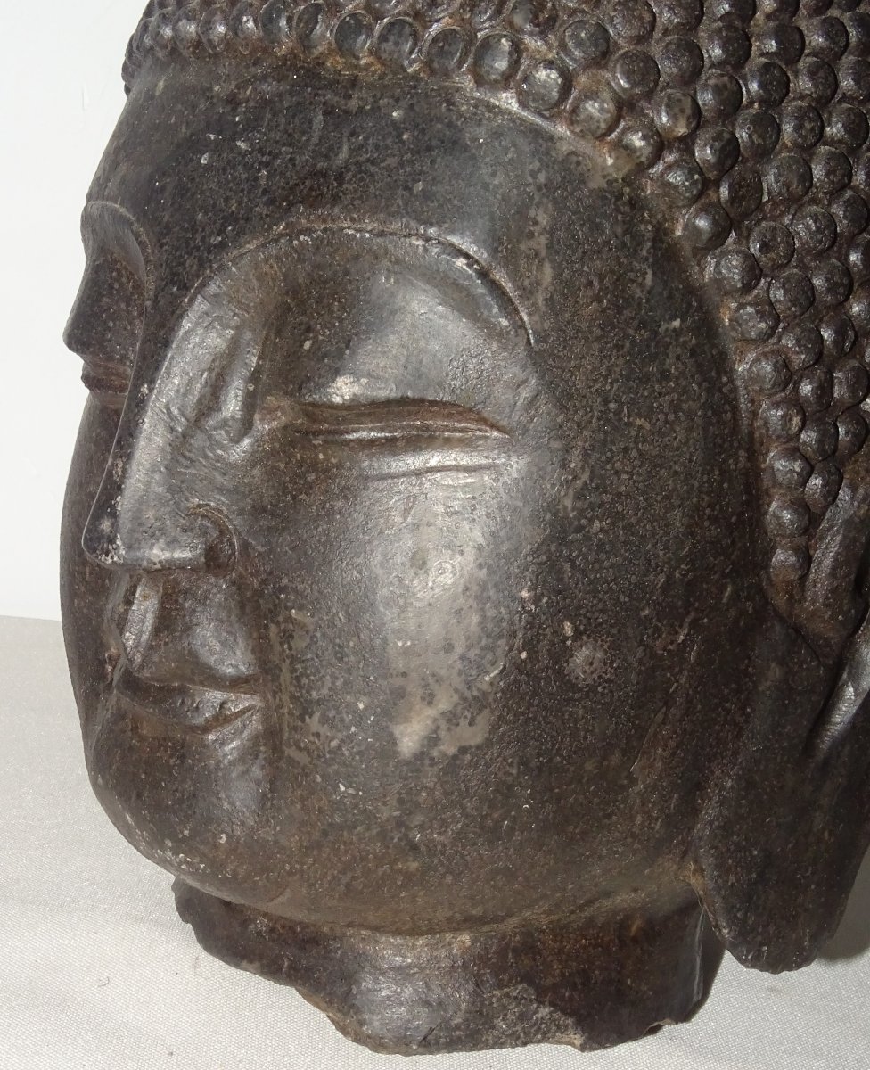 Large Stone Buddha Head Early 19th Century China, 24 Cm-photo-5