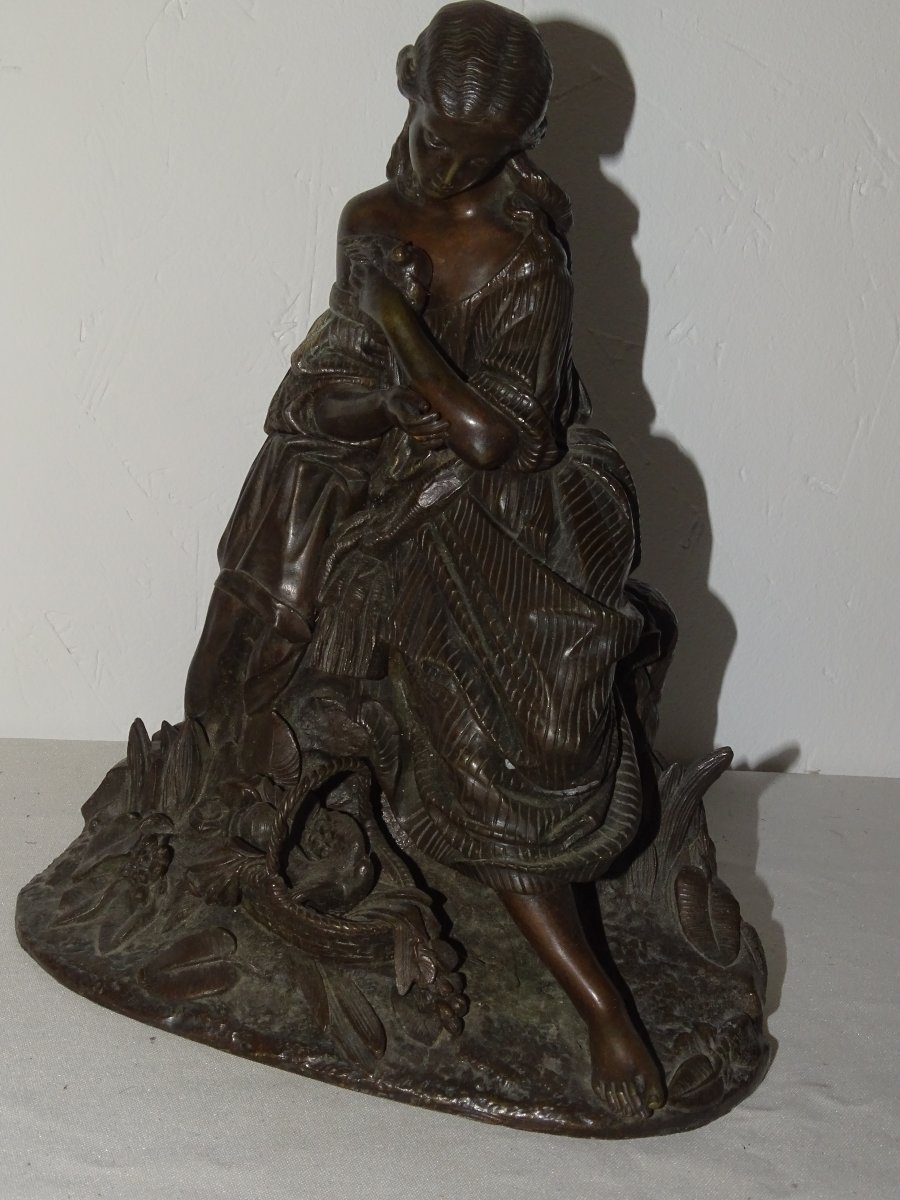 Jeune Fille à l'Oiseau, Bronze à Patine Brune Du XIXème-photo-2