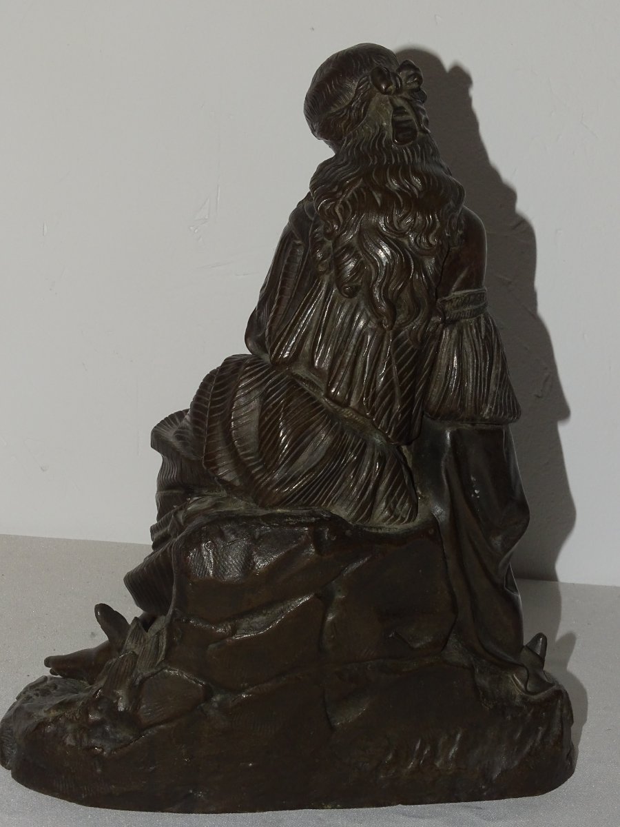 Jeune Fille à l'Oiseau, Bronze à Patine Brune Du XIXème-photo-4