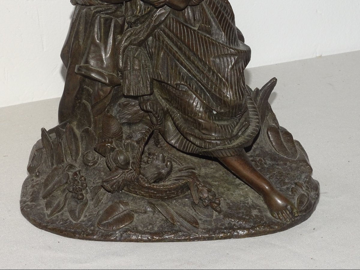 Jeune Fille à l'Oiseau, Bronze à Patine Brune Du XIXème-photo-2