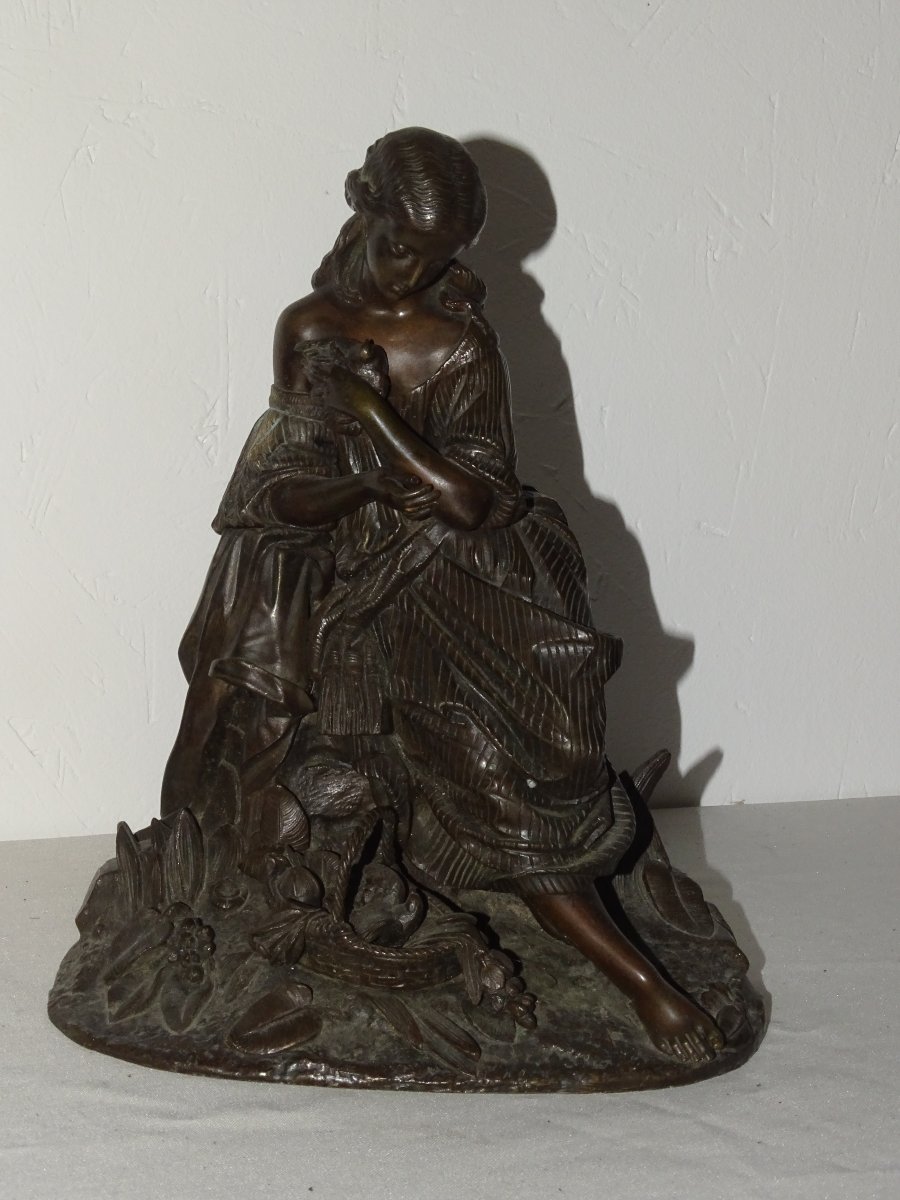 Jeune Fille à l'Oiseau, Bronze à Patine Brune Du XIXème-photo-3