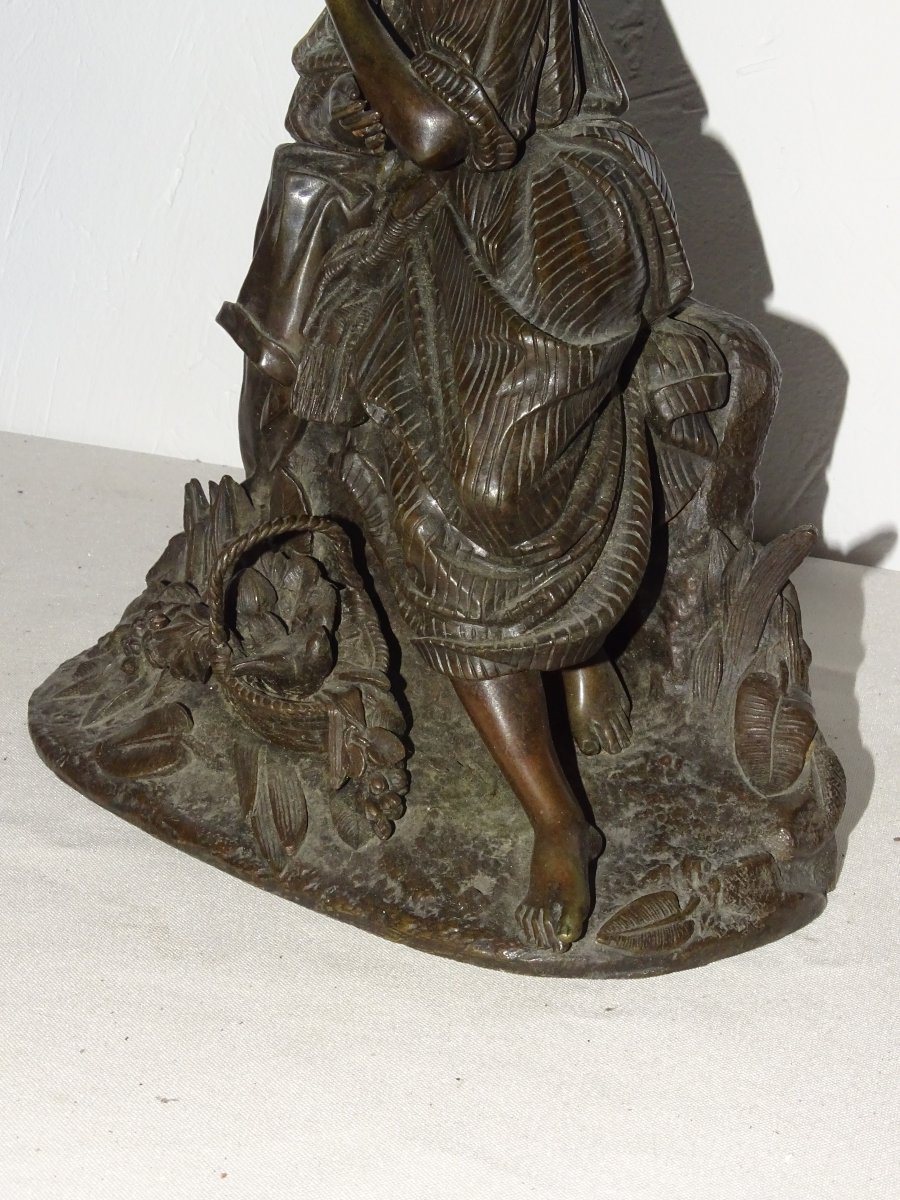 Jeune Fille à l'Oiseau, Bronze à Patine Brune Du XIXème-photo-4
