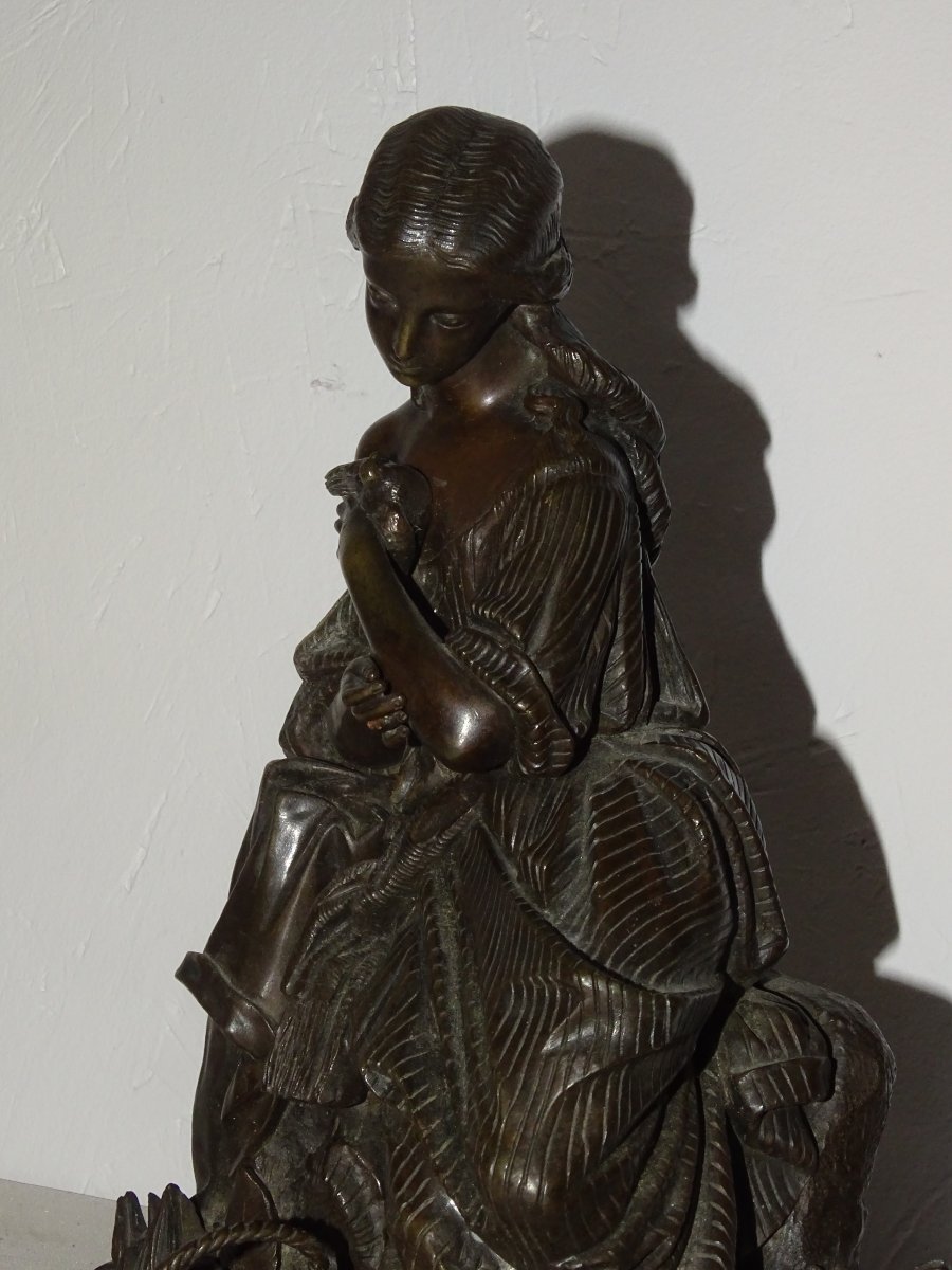 Jeune Fille à l'Oiseau, Bronze à Patine Brune Du XIXème-photo-5