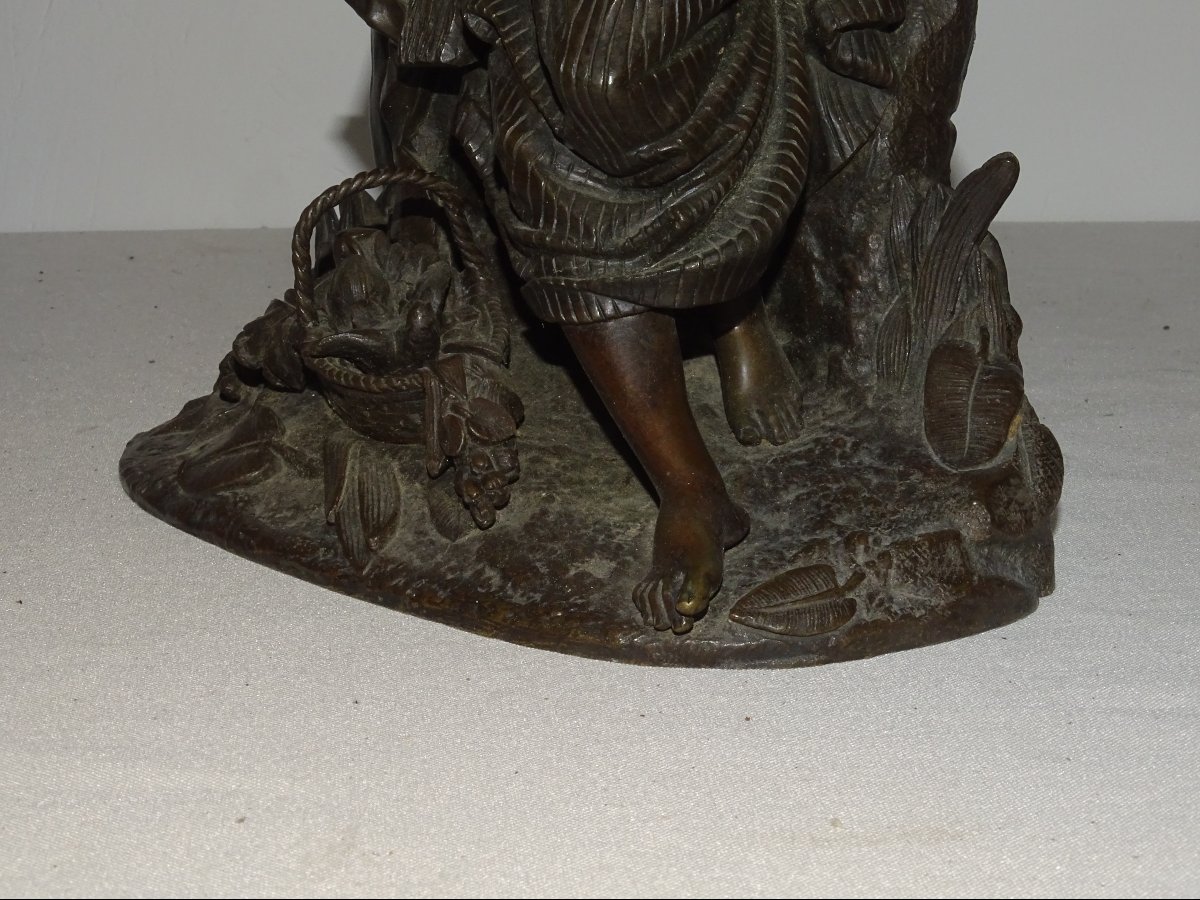 Jeune Fille à l'Oiseau, Bronze à Patine Brune Du XIXème-photo-7