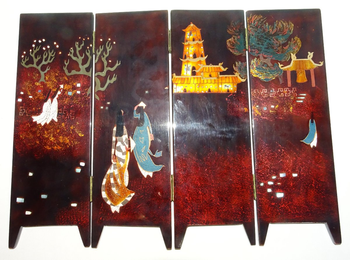Tranha (tran Van Ha) 4-panel Lacquer And Eggshell Screen, Vietnam-photo-1