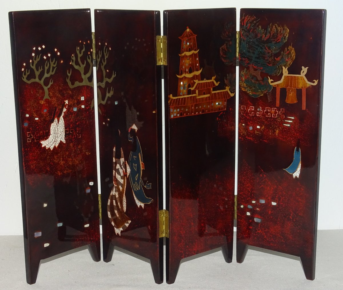Tranha (tran Van Ha) 4-panel Lacquer And Eggshell Screen, Vietnam