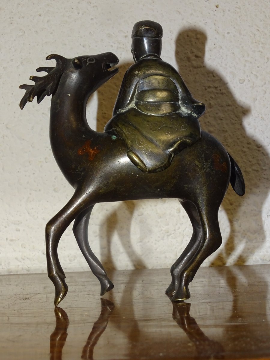 encensoir chinois en bronze en deux parties représentant « Shoulao et le cerf ». XVIIIème-photo-2