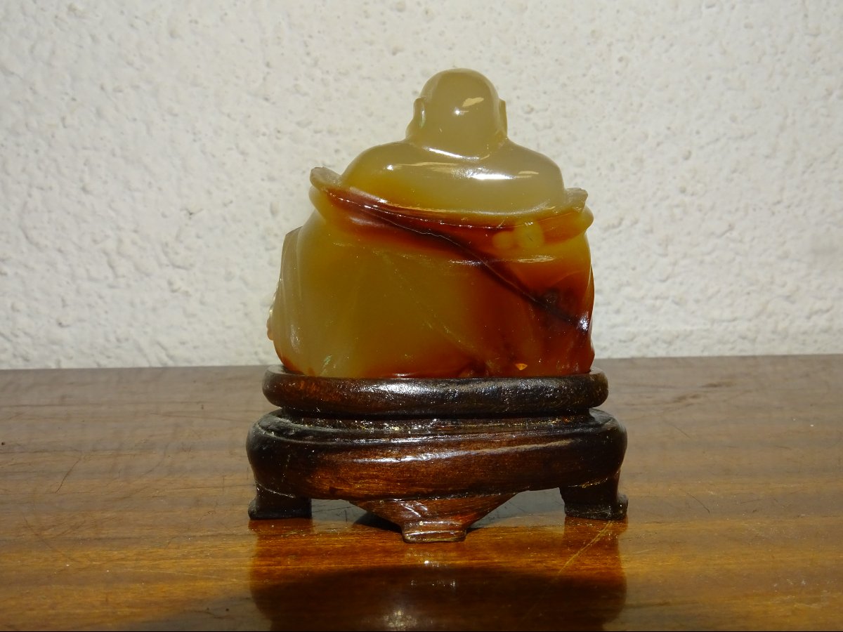 Sculpture: Laughing Buddha (hotei) Made Of Coraline, A Type Of Hard Stone-photo-3