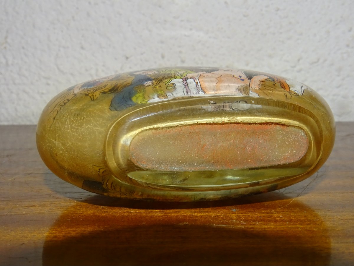 Antique Chinese Snuff Bottle Made Of Glass Painted On The Reverse Side, With A Jade Stopper, Signed-photo-3