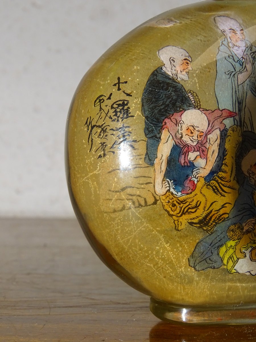 Antique Chinese Snuff Bottle Made Of Glass Painted On The Reverse Side, With A Jade Stopper, Signed-photo-4