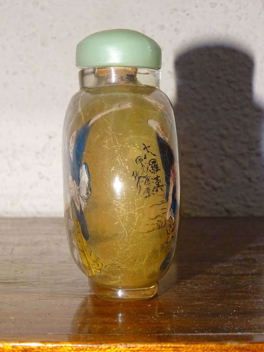 Antique Chinese Snuff Bottle Made Of Glass Painted On The Reverse Side, With A Jade Stopper, Signed-photo-2