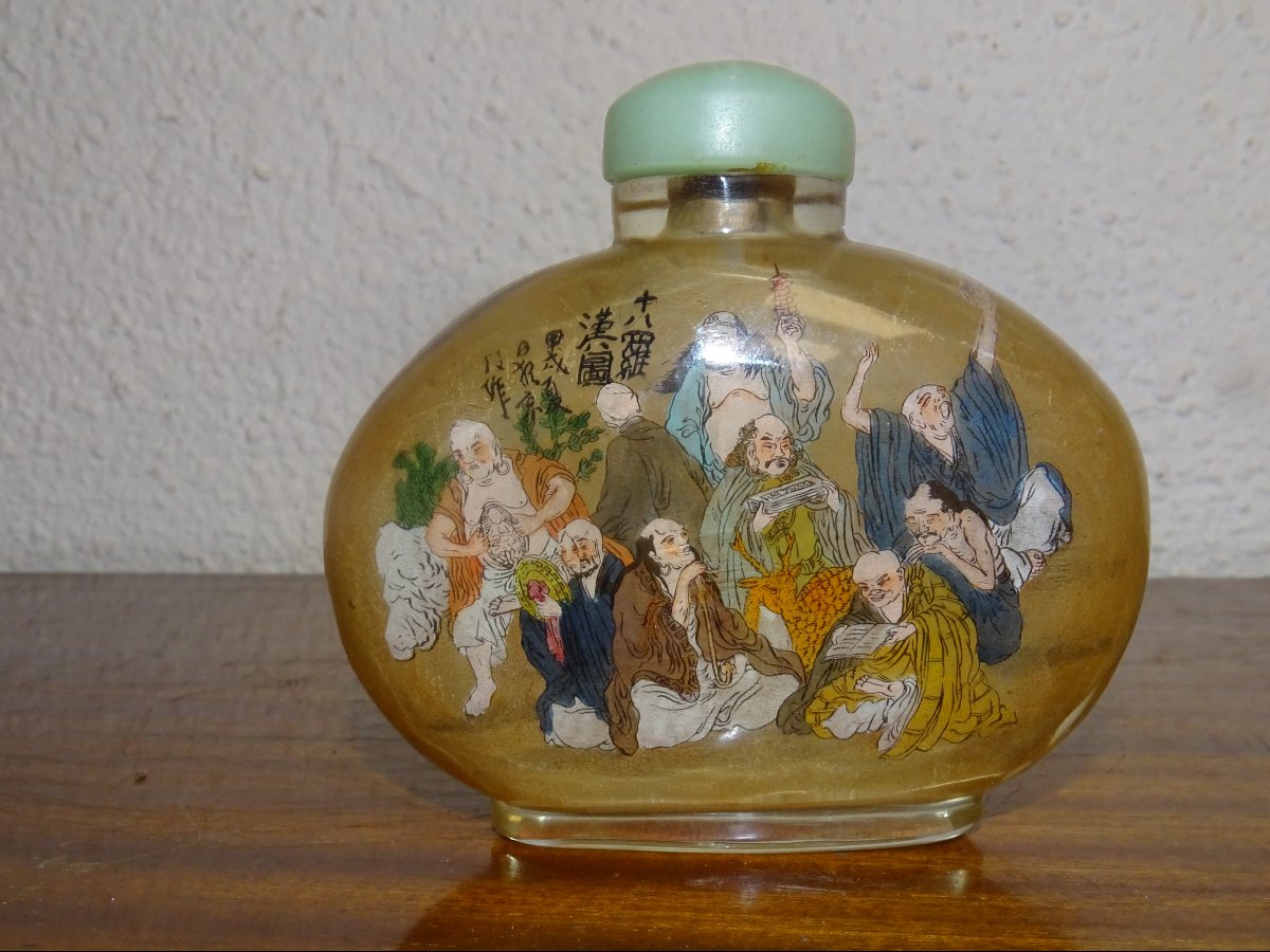 Antique Chinese Snuff Bottle Made Of Glass Painted On The Reverse Side, With A Jade Stopper, Signed