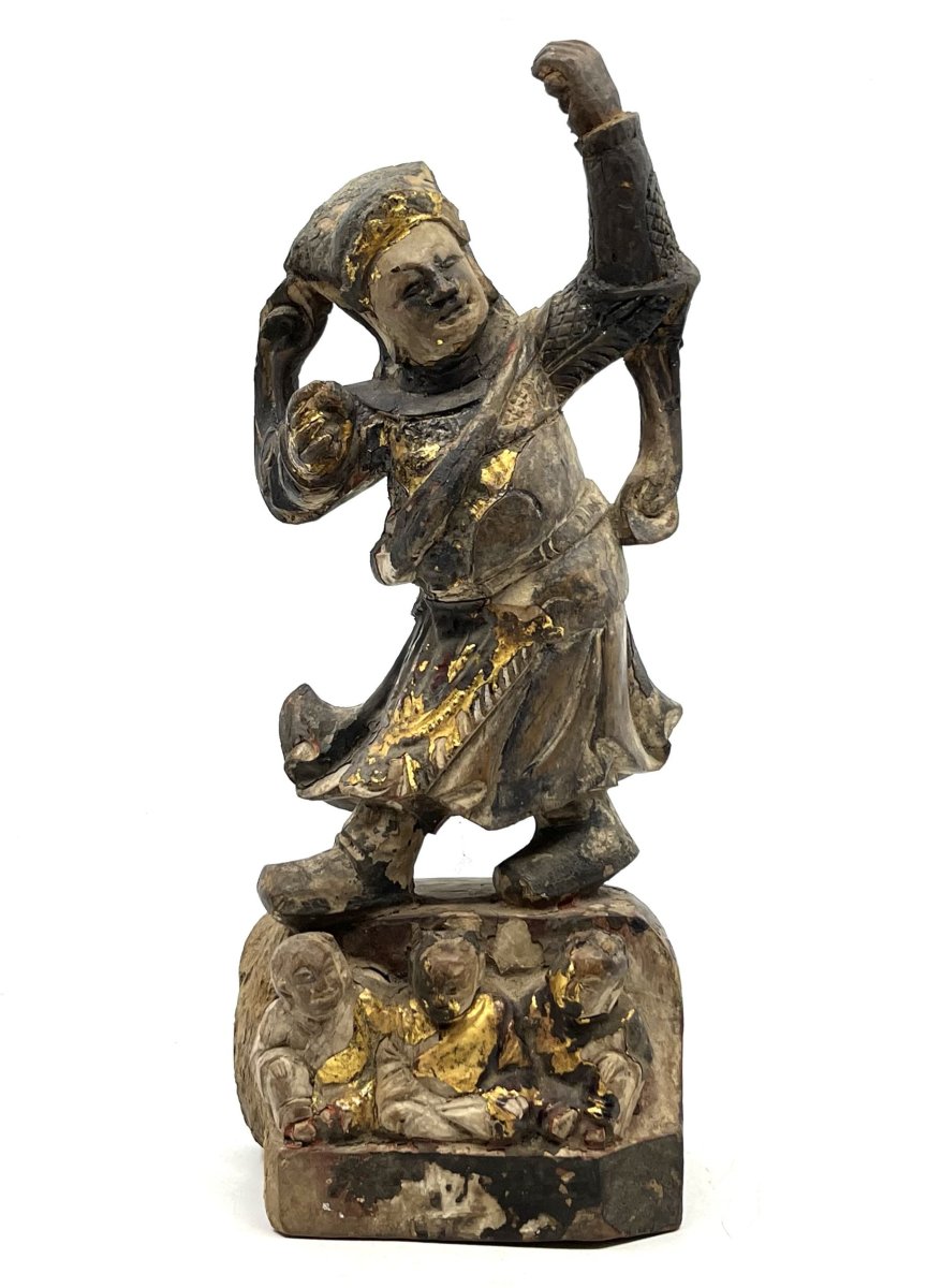China. Wooden Warrior Figurine, Standing On A Base Carved With Three Children, 19th Century