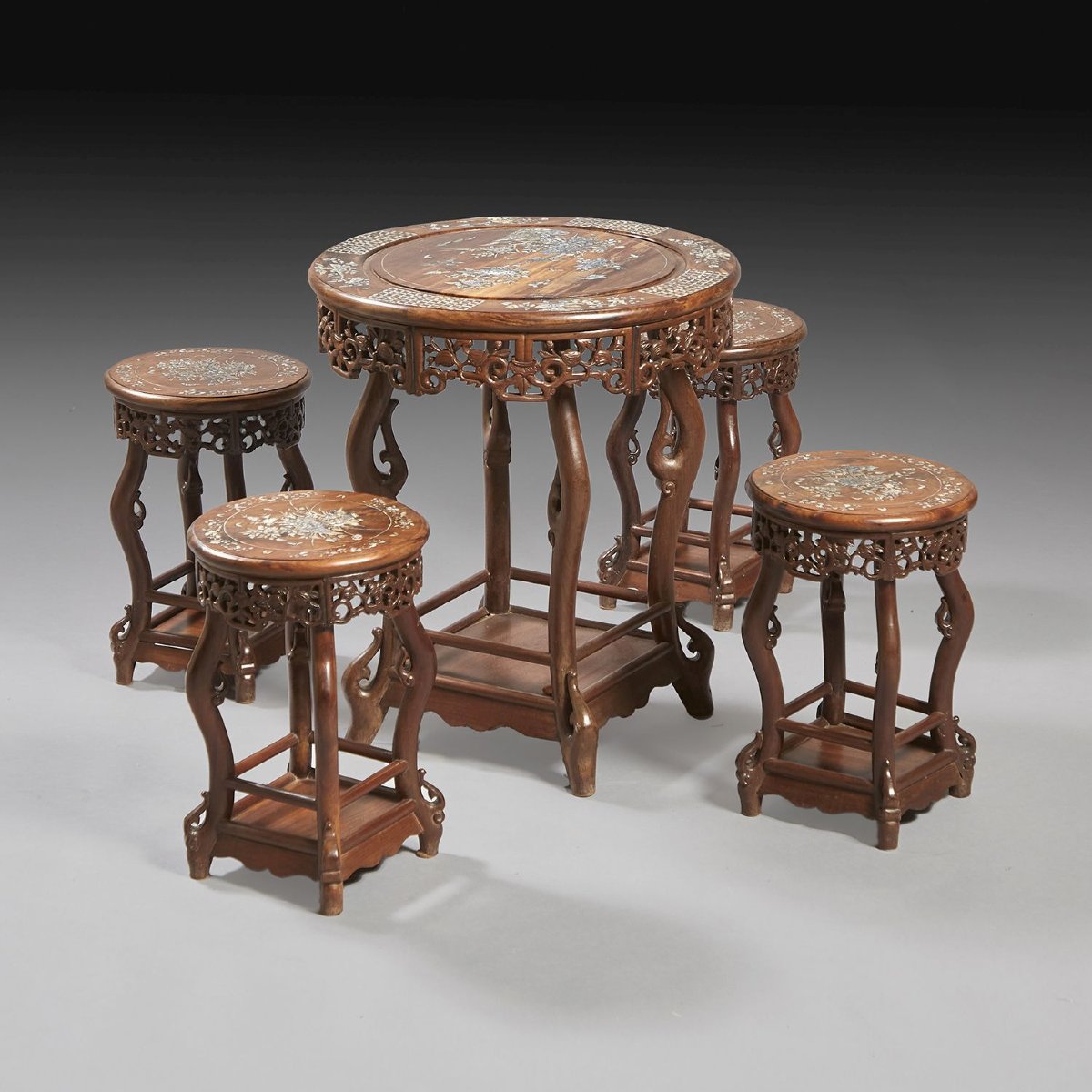 Vietnam, Round Side Table And Four Stools, Late 19th Century