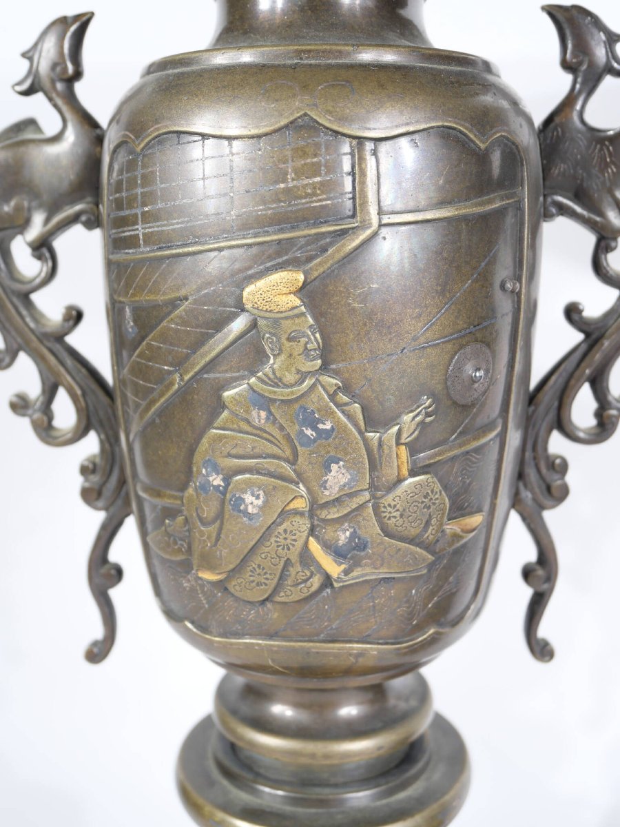 Pair Of Usubata Vases, Bronze—silver—gold, Japan, Meiji Era (1868–1912).-photo-3