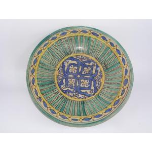 plat ghotar en faience polychrome, fes, époque XIXème
