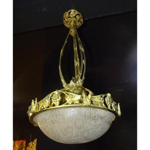 Lustre signé de chez Daum Art Déco monture Bronze doré Et Verre Gravé