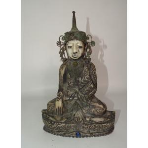 White Marble Buddha With Metal Headdress, Burma, 19th Century