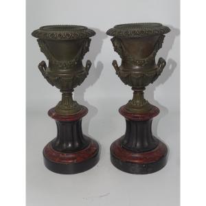 Pair Of Marble And Bronze Cassolettes, Decorated With Heads Of Bacchus, 19th Century, 32 Cm
