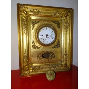 Gilded Wood Wall Clock, Cord Movement And 4 Winders, 19th Century