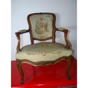 Louis XV Armchair, 18th Century, Petit Point Tapestry