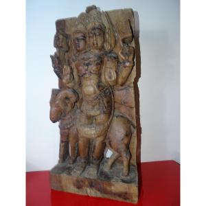 Ancien Grand Panneau Sculpté Bois, Char Inde ,Bas Relief ,Divinité, XVIIIème