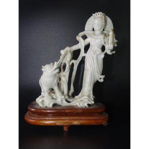 Chinese Goddess In Hard Stone, Selenite, 19th Century, China, Asia, Amateur Collection