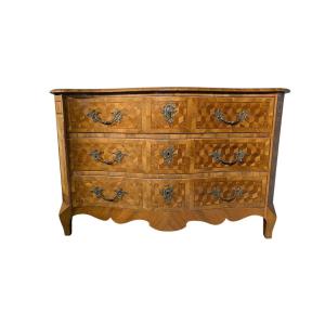 Louis XV Curved Chest Of Drawers With Maltese Cross Marquetry From The 18th Century