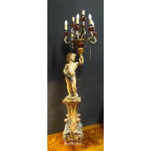 Putti, Angel, Cherub Holding A Polychrome Wooden Torchère, Venice, 19th Century