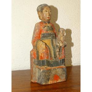 Polychrome Wooden Statue Known As Maria Kannon, Japan 19th Century, Buddha.