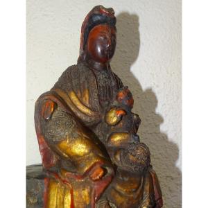 Gilded And Silver Wooden Statue Known As Maria Kannon, Japan 19th Century, Buddha.